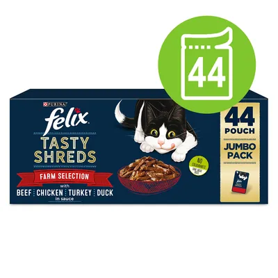 Purina felix Tasty Shreds Farm Selection, 44 kapsiček, Jumbo Pack. S hovězím, kuřecím, krůtím a kachním v omáčce. Bez barviv. Ilustrace kočky a misky s krmivem.