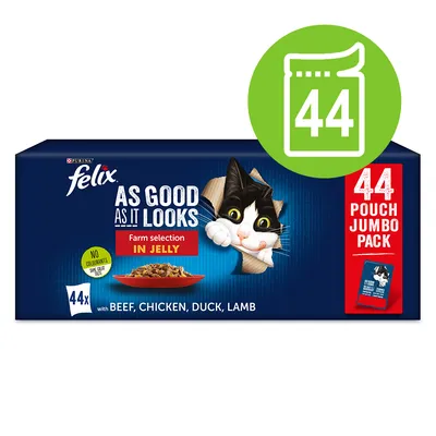 Felix As Good As It Looks Farm selection in jelly, 44x kapsiček s hovězím, kuřecím, kachním a jehněčím. 44 Pouch Jumbo Pack. No colourants.