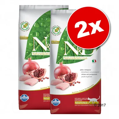 Lot de 2 sacs Farmina N&D Natural & Delicious pour chats adultes stérilisés, poulet et grenade, mention GMO Free Grain Free, texte visible en anglais, italien et français.