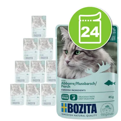 Lot de 24 sachets Bozita pour chat, saveur abborre/flussbarsch/perch, 85 g chacun, sans céréales, ingrédients suédois, photo d’un chat sur l’emballage.