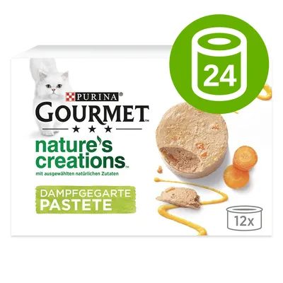 Purina Gourmet nature's creations Dampfgegarte Pastete, opakowanie 12 sztuk. Zielona ikona z liczbą 24 na puszce. Purina Gourmet nature's creations Dampfgegarte Pastete, opakowanie 12 sztuk. Zielona ikona z liczbą 24 na puszce.