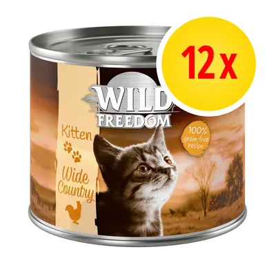 Wild Freedom Kitten Wide Country, 100% grain-free recipe, zestaw 12 puszek. Na etykiecie widoczny kot i sylwetka kurczaka.