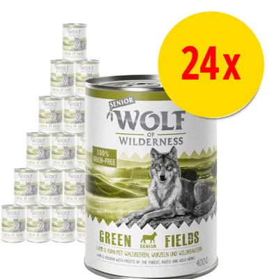Wolf of Wilderness Senior Green Fields våtfoder, 24 x 400 g burkar. Text: 100% grain-free. Bild på varg och landskap på förpackningen.