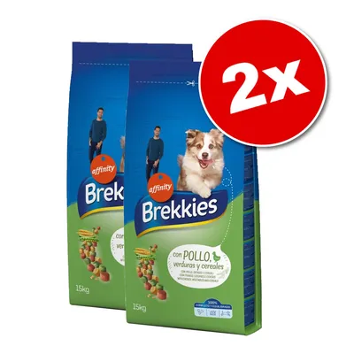 Két zsák affinity Brekkies kutyatáp, 15 kg-os kiszerelés, con POLLO, verduras y cereales felirattal, piros körben fehér 2x jelzés.
