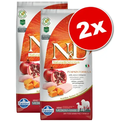 Lot de 2 sacs Farmina N&D Natural & Delicious Adult Medium & Maxi, poulet, potiron et grenade, sans céréales, pour chien adulte. Texte visible : GMO free, grain free, gluten free.
