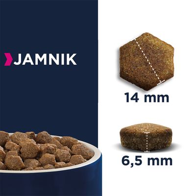 Karma sucha dla jamnika; widoczne granulki w misce oraz przekrój pojedynczej granulki z wymiarami: 14 mm średnicy, 6,5 mm wysokości. Tekst: JAMNIK.