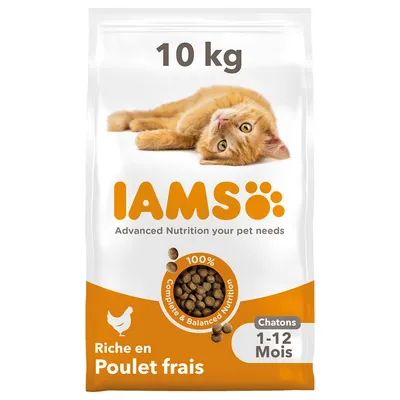 Sac de 10 kg IAMS pour chatons 1–12 mois, riche en poulet frais, texte anglais 'Advanced Nutrition your pet needs', visuel croquettes et mention 100 % Complete & Balanced Nutrition.