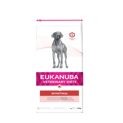 Eukanuba Veterinary Diets Intestinal, dietary support for digestive health. Bag shows product name and key feature: intestinal support. Net weight 12kg visible. Eukanuba Veterinary Diets Intestinal, dietary support for digestive health. Bag shows product name and key feature: intestinal support. Net weight 12kg visible.