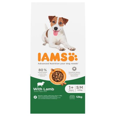 Sac de croquettes IAMS With Lamb, 12 kg, pour chiens S/M >1 an <25 kg, 80 % protéines animales, sans colorants ni arômes artificiels, nutrition complète et équilibrée, agneau visible sur l’emballage.