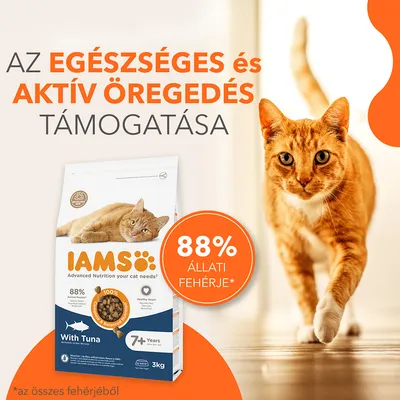 IAMS macskaeledel csomag, 88% állati fehérje, tonhallal, 7+ éves macskáknak. Szöveg: Az egészséges és aktív öregedés támogatása.