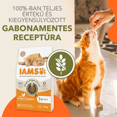 IAMS macskaeledel csomagolás, rajta: 100%-ban teljes értékű és kiegyensúlyozott gabonamentes receptúra. Friss csirkehús, 1+ év, 7,5 kg. Macska jutalomfalatot kap.