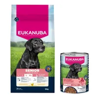 Croquettes Eukanuba Premium Nutrition 15 kg pour chien + boîtes 3 x 400 g offertes ! - Senior Large et Giant Breed au poulet + Senior Riche en Bœuf et Citrouille 
