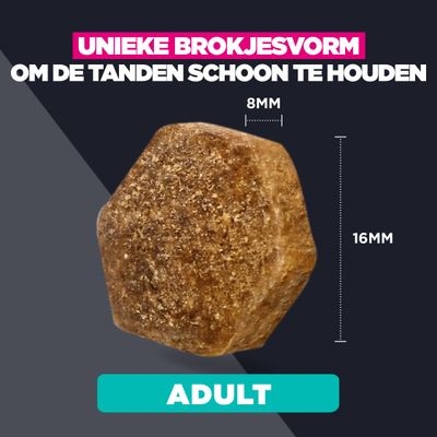 Unieke brokvorm voor tandreiniging, afmetingen: 8 mm x 16 mm, voor adulten. Tekst: ADULT.