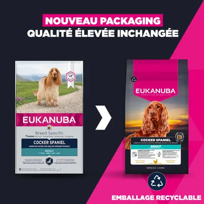 Eukanuba Cocker Spaniel Adulte : nouveau design d'emballage recyclable, qualité inchangée. Comparaison entre l'ancien et le nouveau paquet. Eukanuba Cocker Spaniel Adulte : nouveau design d'emballage recyclable, qualité inchangée. Comparaison entre l'ancien et le nouveau paquet.