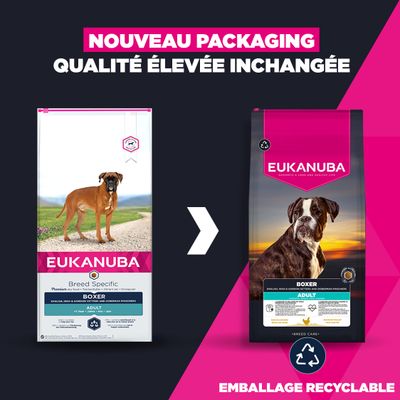 Eukanuba Boxer Adulte : L'image montre l'ancien et le nouveau design d'emballage, la qualité reste identique, le nouvel emballage est recyclable.