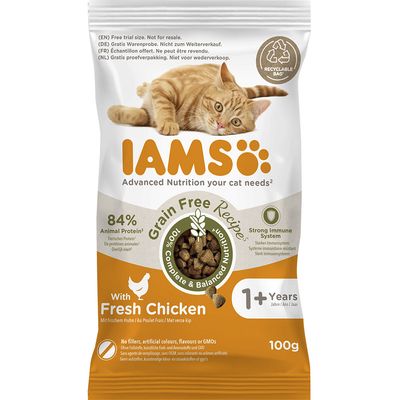 IAMS Grain Free Recette, 84 % protéines animales, avec poulet frais, pour chats adultes 1+ an, sac 2,5 kg. Texte en anglais : Advanced Nutrition your cat needs, Strong Immune System.