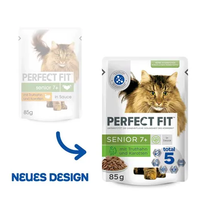 Perfect Fit Senior 7+ kalkkunalla ja porkkanoilla kastikkeessa, 85g. Uusi design. Tukee kehon kokonaisvaltaista terveyttä. Ei lisättyjä keinotekoisia väriaineita.