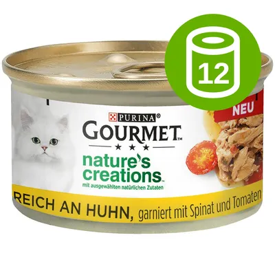 Purina Gourmet nature's creations, reich an Huhn, garniert mit Spinat und Tomaten. Opakowanie z białym kotem i zieloną ikoną 12 puszek.