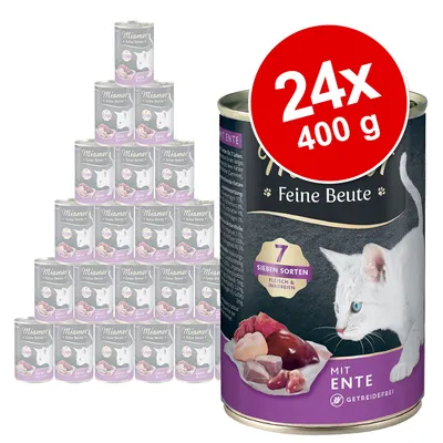 Miamor Feine Beute -kissan märkäruoka, ankka. 24 x 400 g säilykepakkaus. Etiketissä kuva kissasta ja lihapaloista, teksti: 7 SIEBEN SORTEN FLEISCH & INNEREIEN, MIT ENTE, GETREIDEFREI.