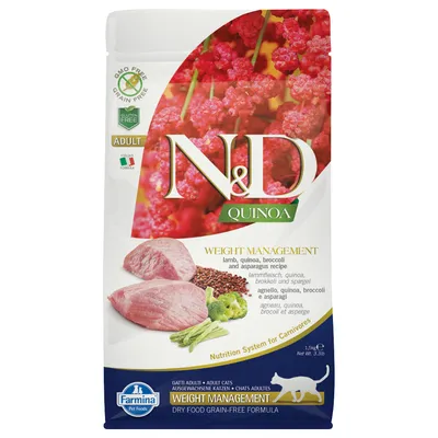 N&D Quinoa Weight Management crocchette per gatti adulti. Ricetta con carne di agnello, quinoa, broccoli e asparagi. Senza OGM, senza glutine, senza cereali. Confezione: 1,5 kg.