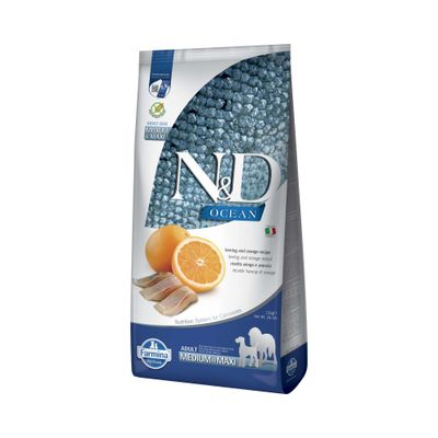 N&D Ocean Hering und Orange Rezept, Farmina Pet Foods, Adult Medium & Maxi, Nutrition System for Carnivores, Abbildung von Hering und Orange auf der Verpackung.