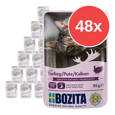 Balíček 48× kapsička Bozita s krůtím masem, 85 g. Text: With Turkey/Pute/Kalkon, Swedish Natural Ingredients, Grain Free Recipe, Delicious Taste Easy Digestion, BOZITA. Balíček 48× kapsička Bozita s krůtím masem, 85 g. Text: With Turkey/Pute/Kalkon, Swedish Natural Ingredients, Grain Free Recipe, Delicious Taste Easy Digestion, BOZITA.