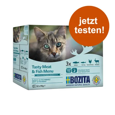 Bozita Tasty Meat & Fish Menu, 12x85g, Getreidefrei, schwedische natürliche Zutaten, Sorten: Lachs, Hering, Extra-Huhn, Rentier. Jetzt testen!