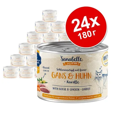 24 консерви Sanabelle Gans & Huhn + Karotte, 180 г. С гъска, пиле и морков за котки. Видим текст: With goose & chicken + carrot, Olive oil, 100 % exclusive, complete feed for adult cats.