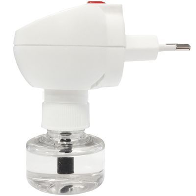 Wit elektrisch apparaat met stekker en transparant vloeistofreservoir, geschikt voor gebruik in een stopcontact. Merk- of productnaam niet zichtbaar.