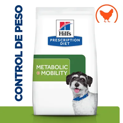 Hill's Prescription Diet Metabolic + Mobility para perros. Texto visible: CONTROL DE PESO. Imagen de pollo y perro en el envase. Hill's Prescription Diet Metabolic + Mobility para perros. Texto visible: CONTROL DE PESO. Imagen de pollo y perro en el envase.