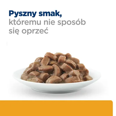 Miska z kawałkami mokrej karmy w sosie. Widoczny tekst: Pyszny smak, któremu nie sposób się oprzeć.