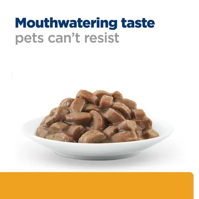 Mouthwatering taste pets can't resist felirat, alatta fehér tányérban barna szószos állateledel látható. A szöveg angol nyelvű.