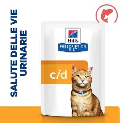 Hill's Prescription Diet c/d, confezione con immagine di gatto e testo visibile: SALUTE DELLE VIE URINARIE. Simbolo pesce in alto a destra.