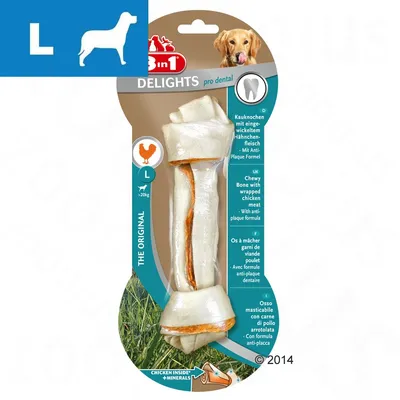 Osso masticabile 8in1 Delights pro dental L con carne di pollo arrotolata, formula anti-placca, per cani oltre 20 kg. Testo visibile: 'CHICKEN INSIDE + MINERALS'.