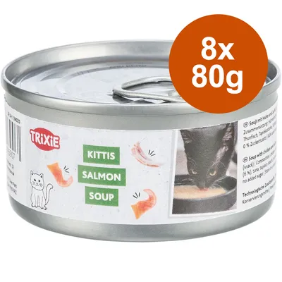 Boîte Trixie Kittis Salmon Soup, 8 x 80 g, étiquette avec photo de chat noir buvant la soupe et morceaux de saumon dessinés. Texte en anglais sur l’étiquette.