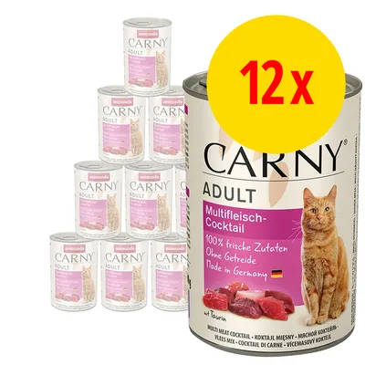 12 burkar Animonda Carny Adult Multiflesich-Cocktail kattmat, text på burk: 100% frische Zutaten, Ohne Getreide, Made in Germany, bild på köttbitar och katt