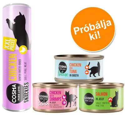 Cosma Pure Love macska snackek és nedves eledelek: Chicken XXL Snackies, Nature Chicken and Tuna in Broth, Asia Chicken with Shrimps in Jelly, Salmon in Jelly. Próbálja ki!