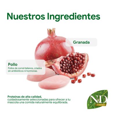 Ingredientes: granada y pollo, pollo de corral italiano sin antibióticos ni hormonas. Proteínas de alta calidad para una alimentación equilibrada para mascotas.