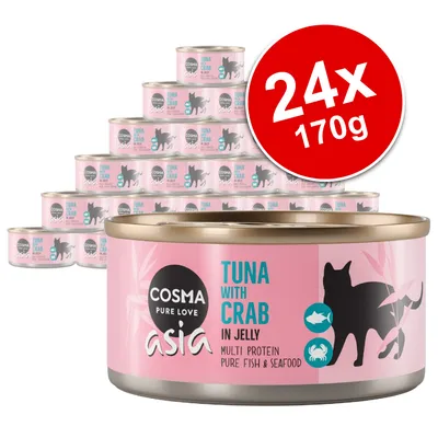 Cosma Asia Tuna with Crab in Jelly, multi protein pure fish & seafood, 24x170g tins visible, pink label with black cat silhouette and blue fish and crab icons