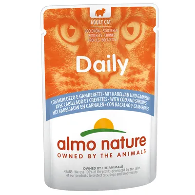 Almo Nature Daily pentru pisici adulte, bucăți cu cod și creveți.