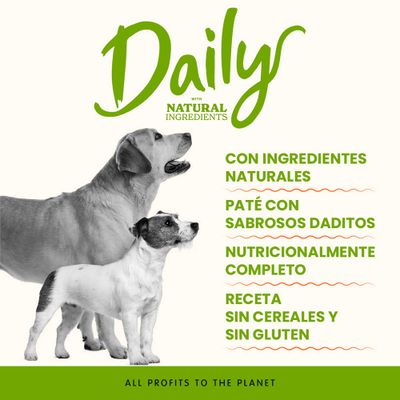 Daily con ingredientes naturales. Paté con trozos sabrosos, nutrición completa, receta sin cereales ni gluten. Todos los beneficios para el planeta.