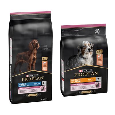 14 + 3 kg gratis! 14kg Purina Pro Plan hrană uscată pentru câini Large Adult Athletic Sensitive Skin Somon + Medium & Large Adult 7+ Sensitive Skin