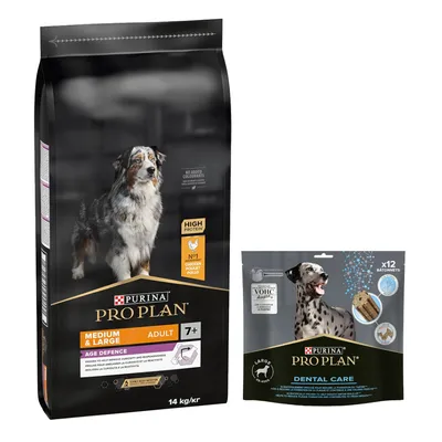 PRO PLAN 12 / 14 kg + Dental Care dog pamlsky zdarma - Medium & Large Adult 7+ Age Defence granule kuře 14 kg + Dental Care Large 426 g
