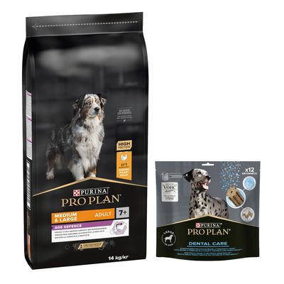 PURINA PRO PLAN 12 / 14 kg + friandises Dental Care 345 g ou 426 g offertes ! Medium & Large Adult 7+ Age Defence (14 kg) + Dental Care pour grand chien (25-40 kg)(426 g)