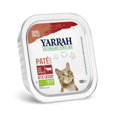 Yarrah Bio-Organic Since 1992 paté met rund en cichorei, grain free, BIO organic, 100 g. Tekst: beef, okse, nötkött, with chicory, NL-BIO-01 EU/non-EU Agriculture. Kat op de verpakking.