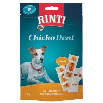 Rinti Chicko Dent strisce da masticare con ripieno di pollo, Small, 150g. Complesso minerale anti-placca.