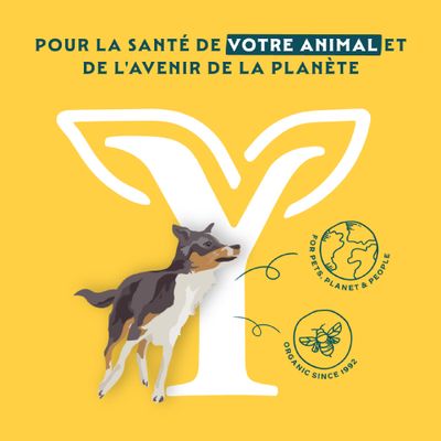 Pour la santé de votre animal et pour l’avenir de la planète. Pour les animaux, la planète & les personnes. Bio depuis 1992. Illustration d’un chien et d’une abeille.
