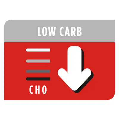 LOW CARB, CHO met neerwaartse pijl, grafische aanduiding voor laag koolhydraatgehalte. Tekst in het Engels.