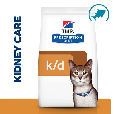 Bag labelled Hill's Prescription Diet k/d with a cat image, text Kidney Care on the side, and a fish icon in the top right corner.