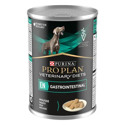 Purina Pro Plan Veterinary Diets EN Gastrointestinal мус, предназначен за рециклиране, консерва с изображение на мус в чиния.